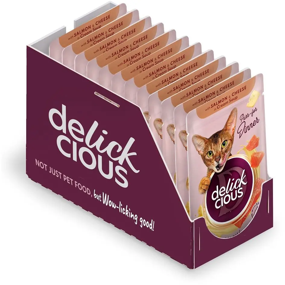 Влажный корм для кошек Delickcious Полоски с лососем и сыром в крем супе 85 г - фото 2