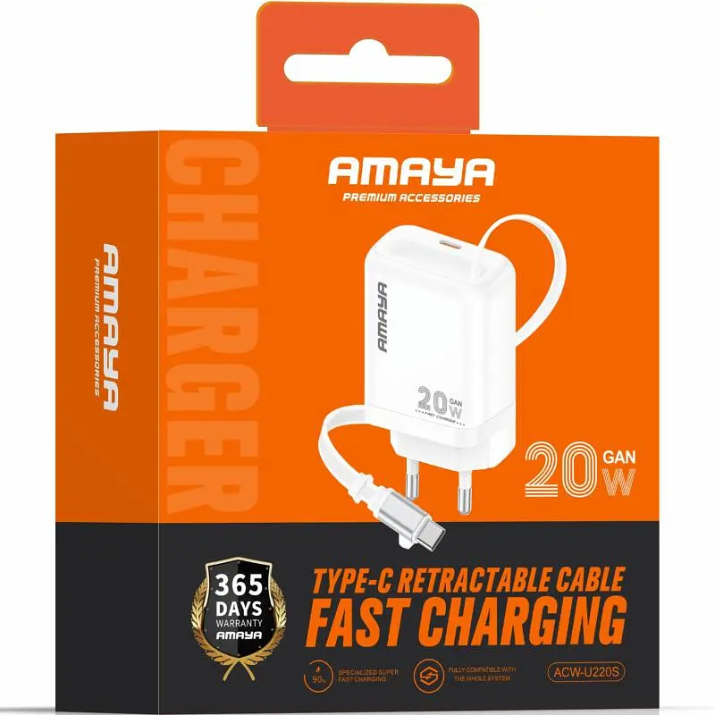 МЗП E220S PD20W GaN (1USB-C) + Retractable Cable Type-C White Amaya teh0029682 - фото 2
