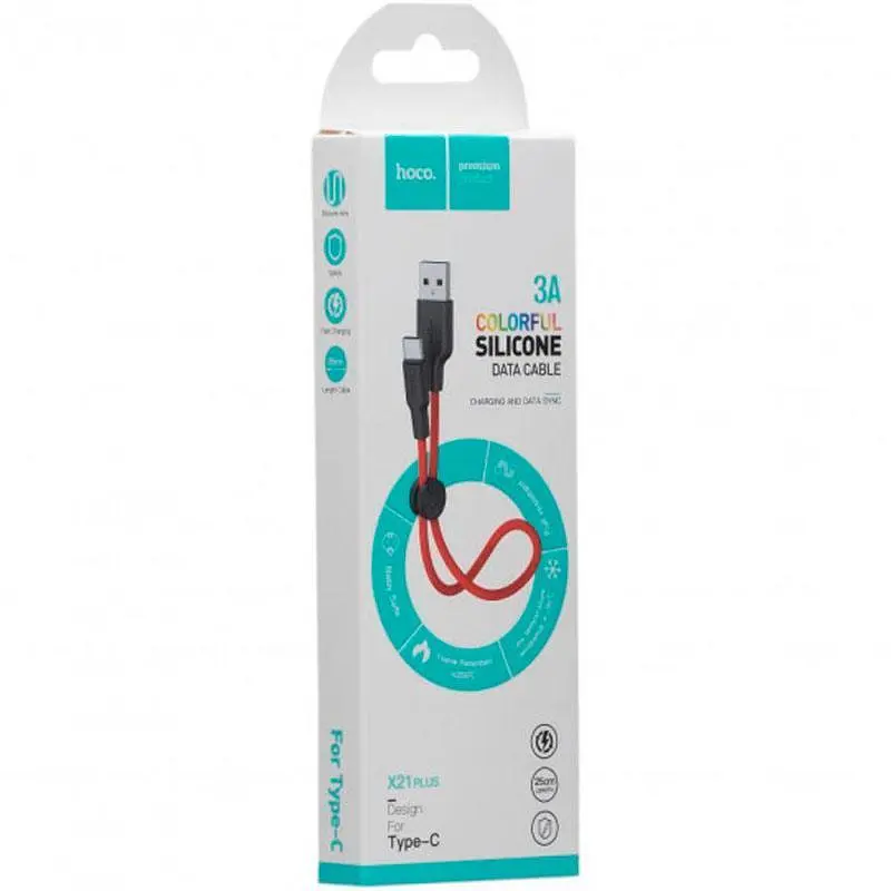 USB Cable Hoco X21 Plus Silicone Type-C Black/Red 0.25m - фото 2