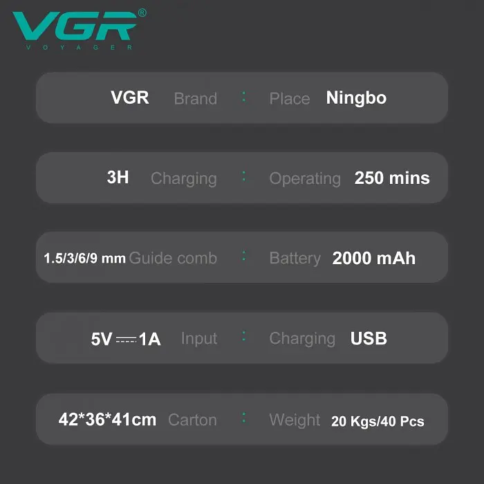 Акумуляторна машинка для стрижки VGR V-904 GOLD, 4 насадки, 2000 mAh, LED display дисплей - фото 7