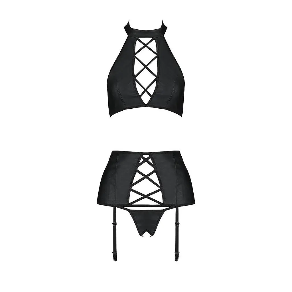 Комплект из эко-кожи с имитацией шнуровки Passion Nancy Set black L/XL - фото 3
