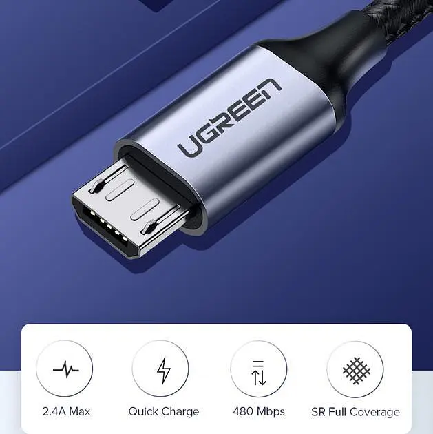Кабель Ugreen US290 USB 2.0 to Micro Cable Nickel Plating Aluminum Braid 2A 2 м Black (6957303861484) - фото 2