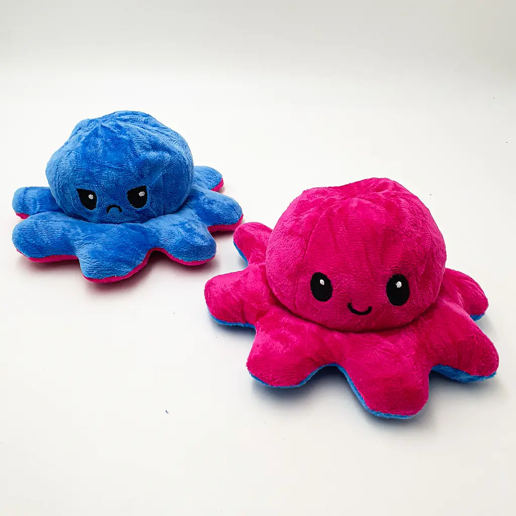 М'яка іграшка Восьминіг перевертень двосторонній веселий сумний Mood Octopus 16 см UKC малиново/синій - фото 2