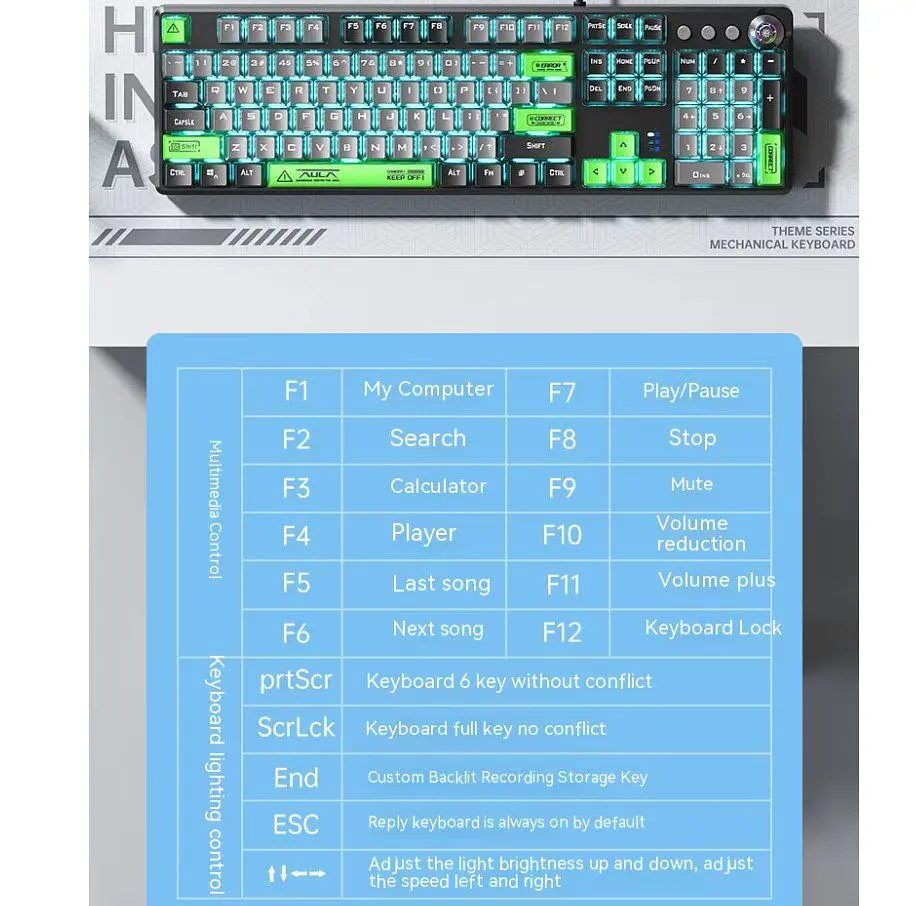 Клавіатура ігрова механічна Aula Mechanical F-2088 PRO Black-Gray, +10 keys Green, KRGD Blue - фото 3