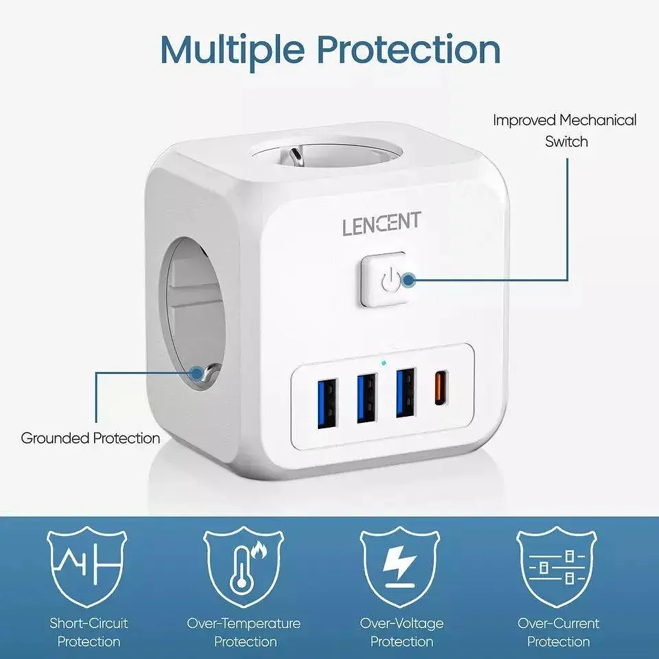 Мережевий фільтр, трійник LENCENT | 3 розетки | 3 USB порта | 1 Type-С | швидка зарядка - фото 7