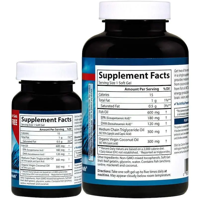 МСТ і Омега-3 Carlson MCT & Omega-3 120 гел капс та 30 гел кас - фото 2