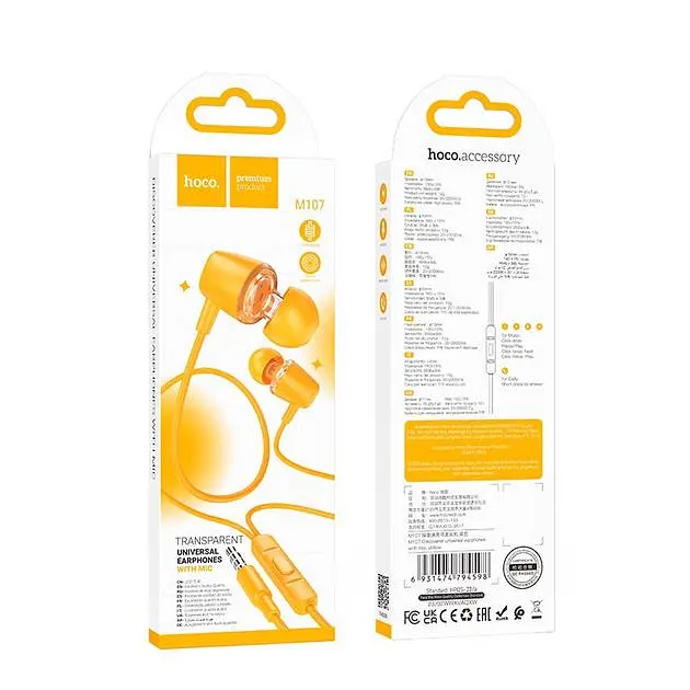 Дротові навушники Hoco M107 Discoverer універсальні earphones with mic, 3.5mm, 1.2m, yellow - фото 2