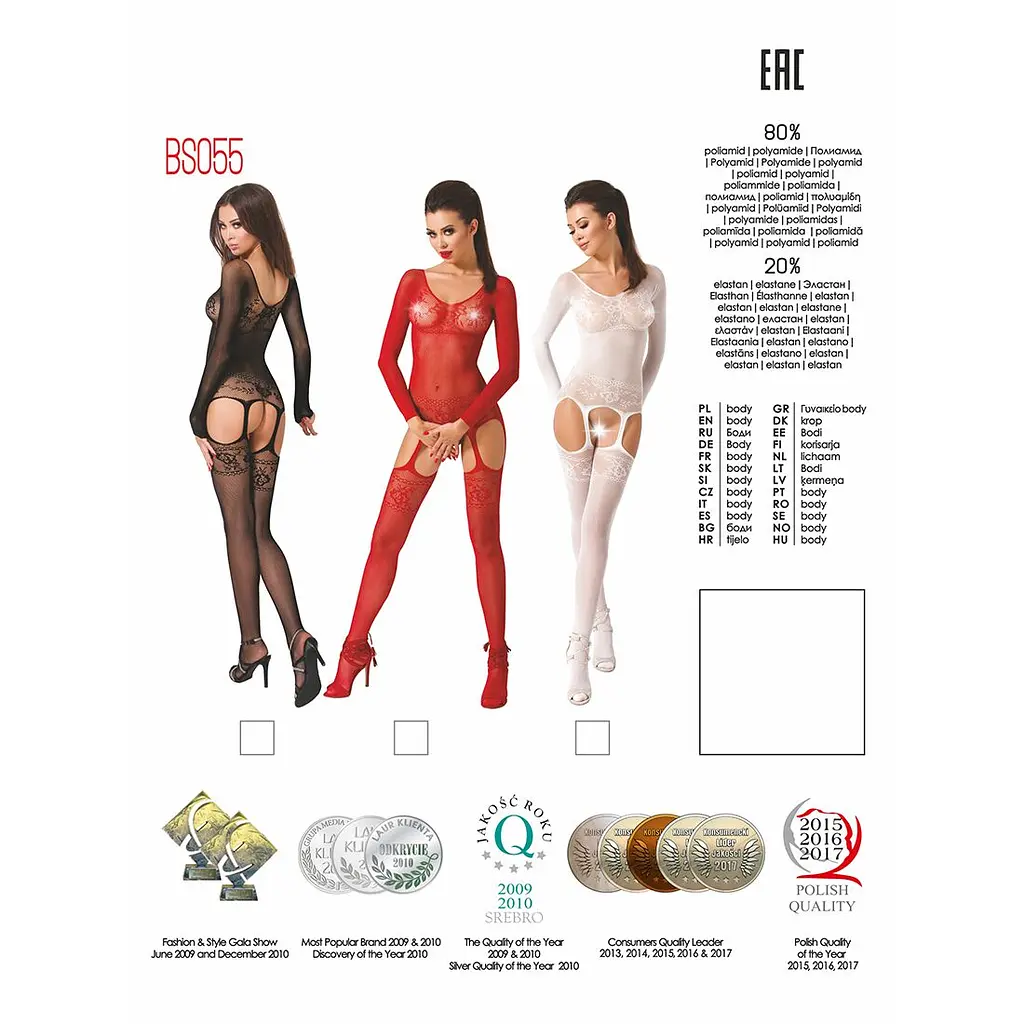 Бодістокінг Passion BS055 red, комбінезон, імітація панчіх і пояса, довгий рукав, закрите плече - фото 5