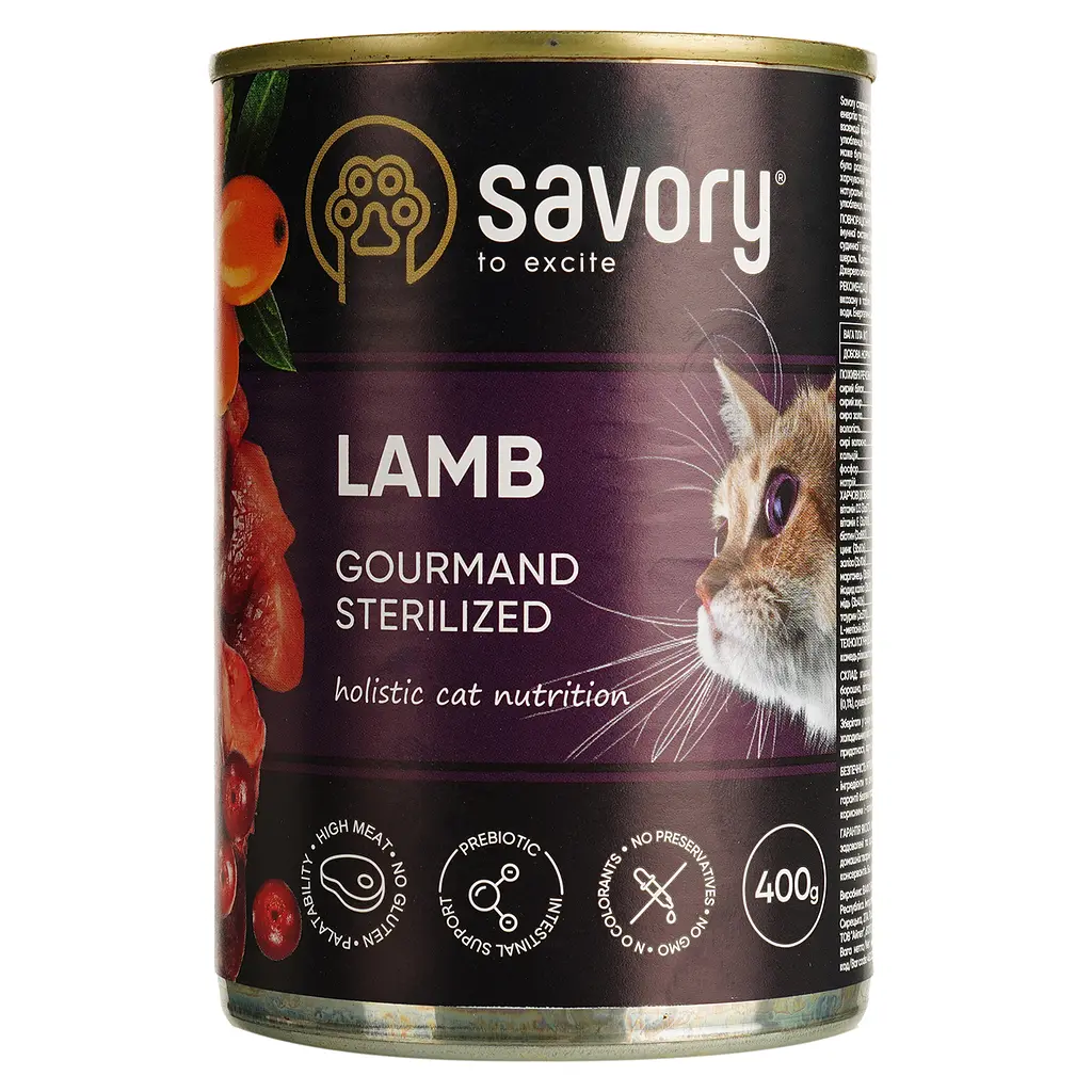 Набір вологого корму для дорослих стерилізованих кішок Savory Cat Can Adult Sterilised з ягням 6 шт x 400 г - фото 2