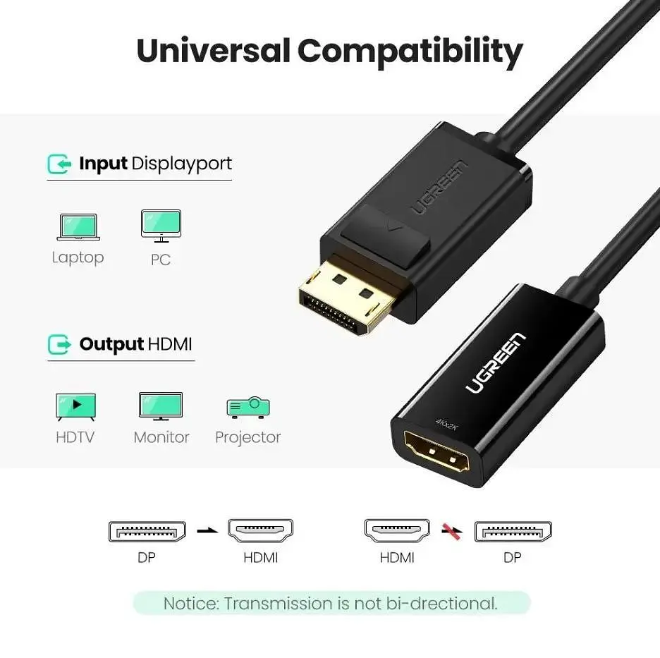 Конвертер Ugreen DisplayPort to HDMI 4K 60Hz 25 см Black (MM137) - фото 6