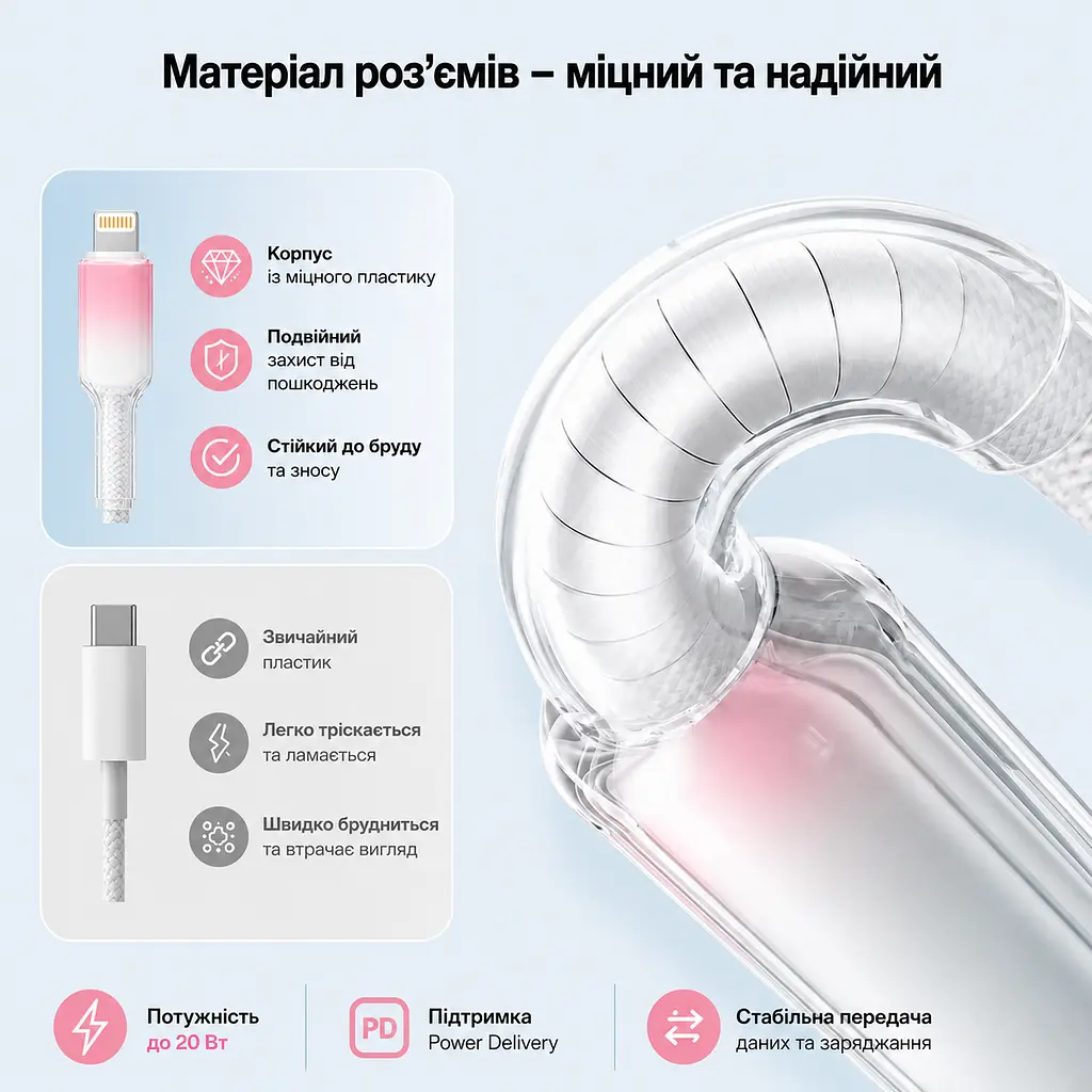 Кабель XON SmartCable Type-C - Lightning PD 20W 1м UniLink (SU80CL2W1W 4845) Рожевий/Білий - фото 3