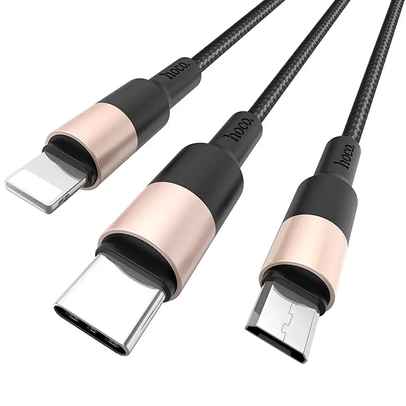 Дата кабель Hoco X26 Xpress 3in1 Lightning -MicroUSB-Type-C (1m) Чорний / Золотий - фото 2