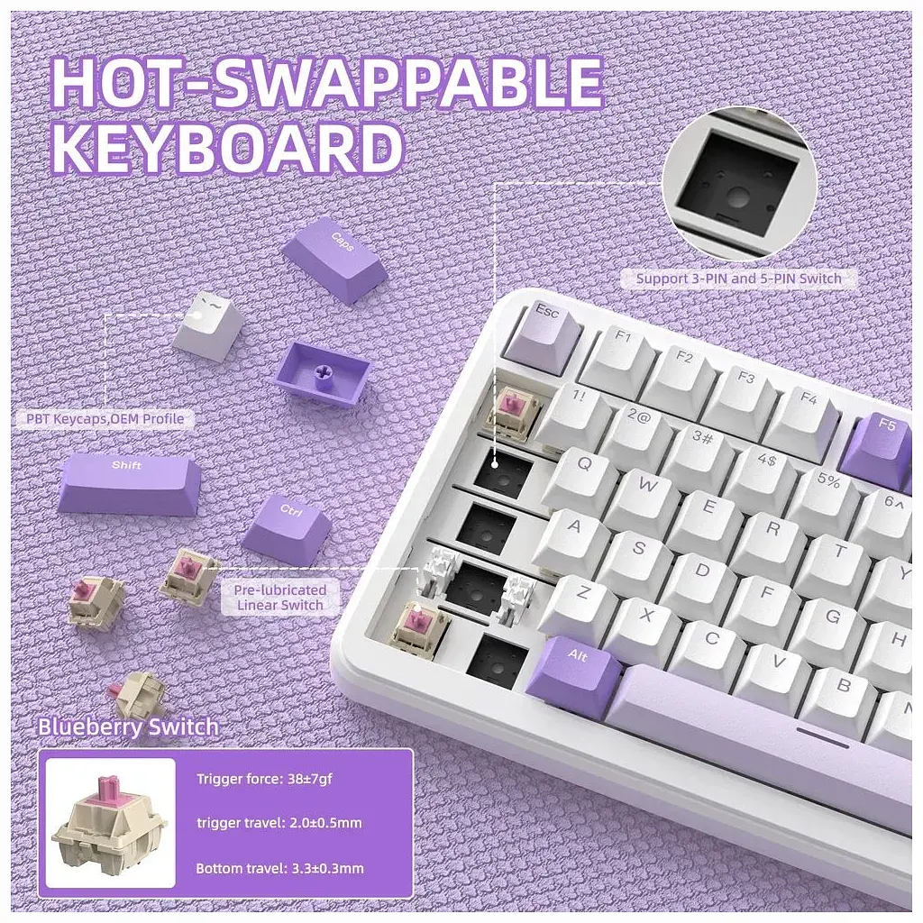 Клавіатура Attack Shark X85PRO RGB Wireless/Bluetooth/USB UA Lavender (X85PROL_AS) - фото 7