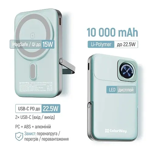 Універсальна мобільна батарея 10000 mAh, Aquamarine, 22.5 Вт ColorWay teh0027612 - фото 6
