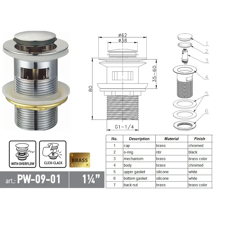 Донний клапан для раковини Koer PW-09-01 з переливом автоматичний Click-Clack 1 1/4″ Хром KR5796 - фото 5
