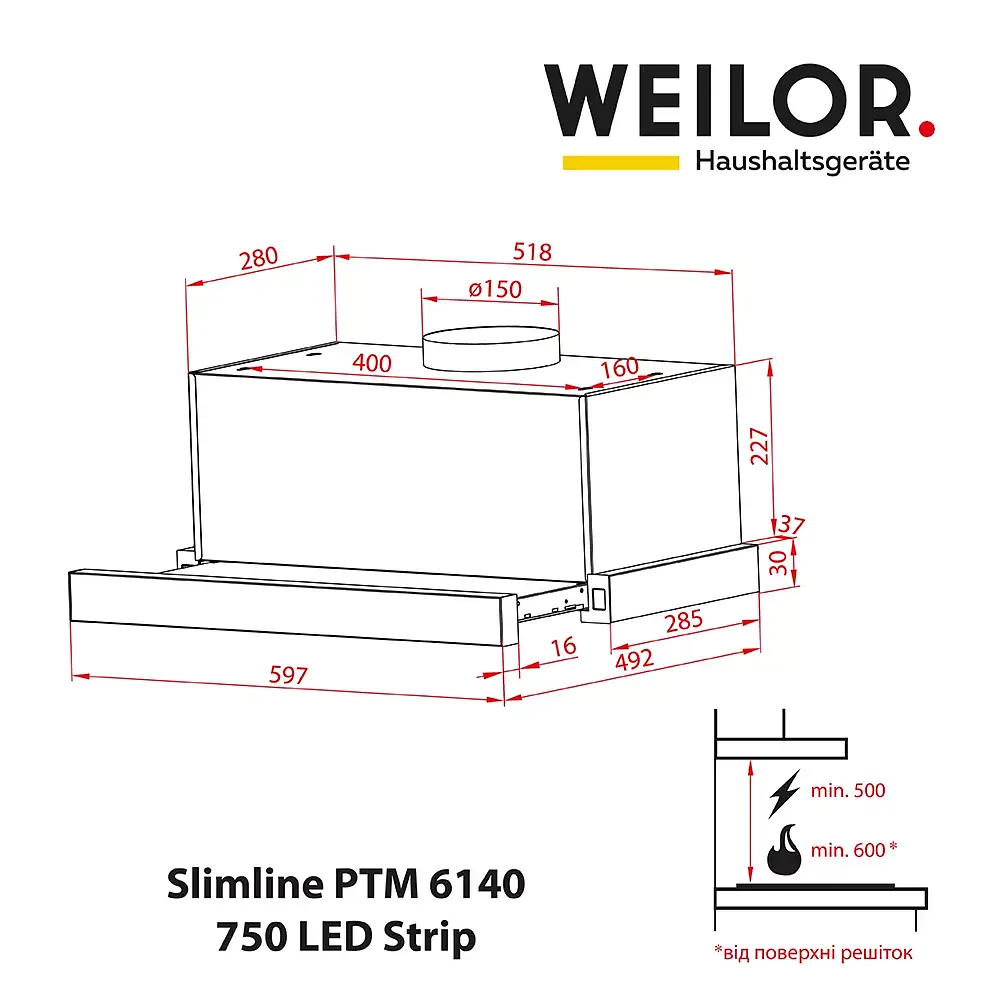 Витяжка телескопічна WEILOR Slimline PTM 6140 SS 750 LED Strip - фото 11