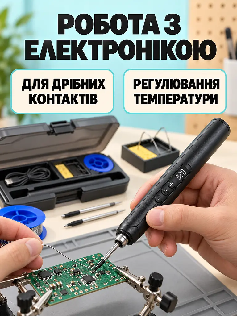 Паяльник аккумуляторный беспроводной до 10 Вт 260–420 °C 1000 мАч Type-C с припоем канифолью и подставкой в кейсе (52836220) - фото 9