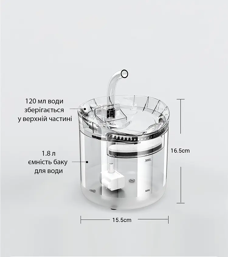 Фонтан для котів Pet Fountain WF060 1,8 л з фільтром, Прозорий - фото 10