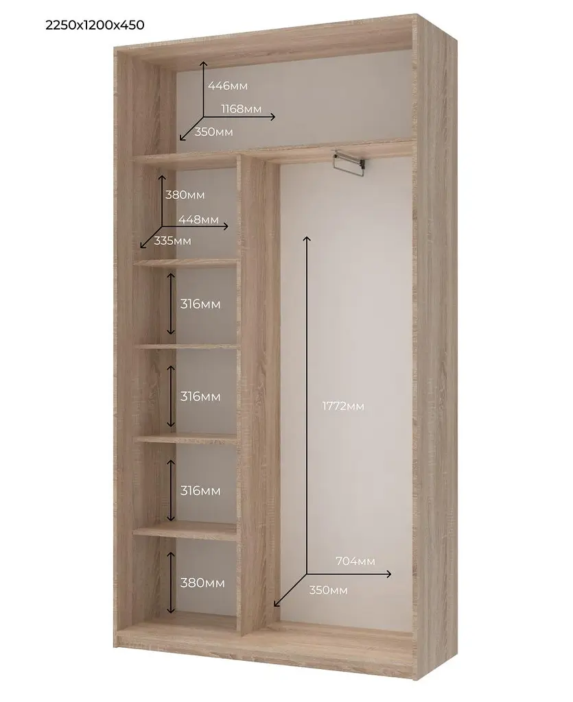 Шафа-купе Doros Сіті Лайт Дуб Cонома 2 Дзеркала 120х45х225 (44900068) - фото 6