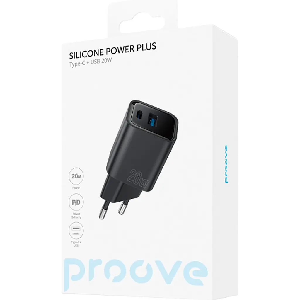 Сетевое зарядное устройство Proove Silicone Power Plus 20W USB-C/USB-A Black (WCSP2011001) [130276] - фото 5
