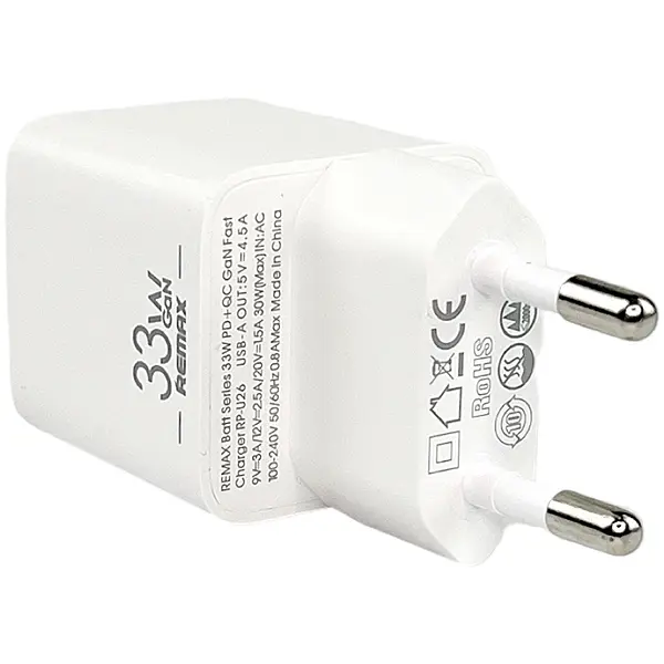 Швидка GaN зарядка 33W Remax RP-U26 PD+QC 1xType-c 1xUSB Білий - фото 2