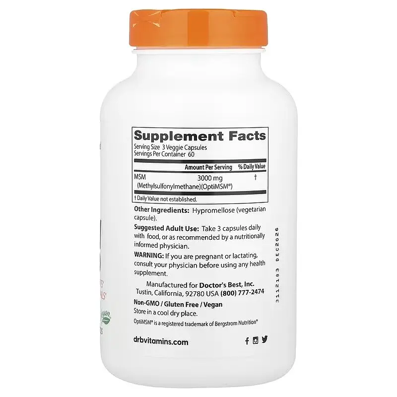 Метилсульфонілметан Doctor's Best MSM with OptiMSM, 180 вегакапсул для комфорту та рухливісті суглобів - фото 2