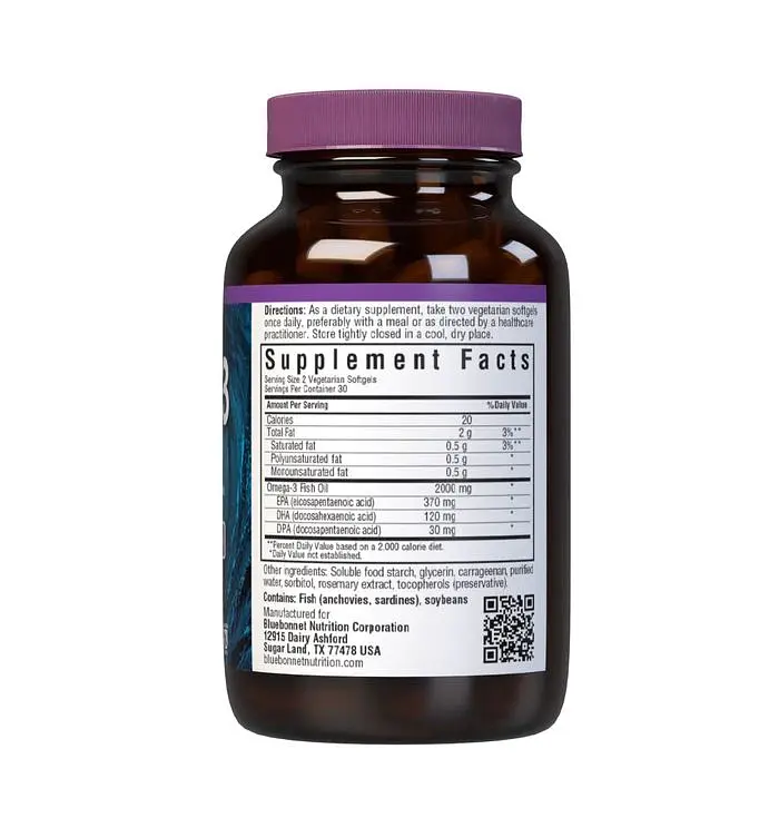 Жирные кислоты Bluebonnet Omega 3 Kosher Fish Oil 60 вегакапсул - фото 2