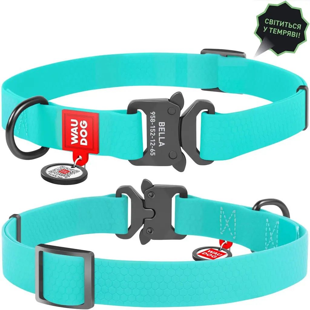 Ошейник для собак Waudog Waterproof, коллартекс, водостойкий, светящийся, с QR паспортом, металлическая пряжка-фастекс, 23-35х1,5 см, ментоловый - фото 3