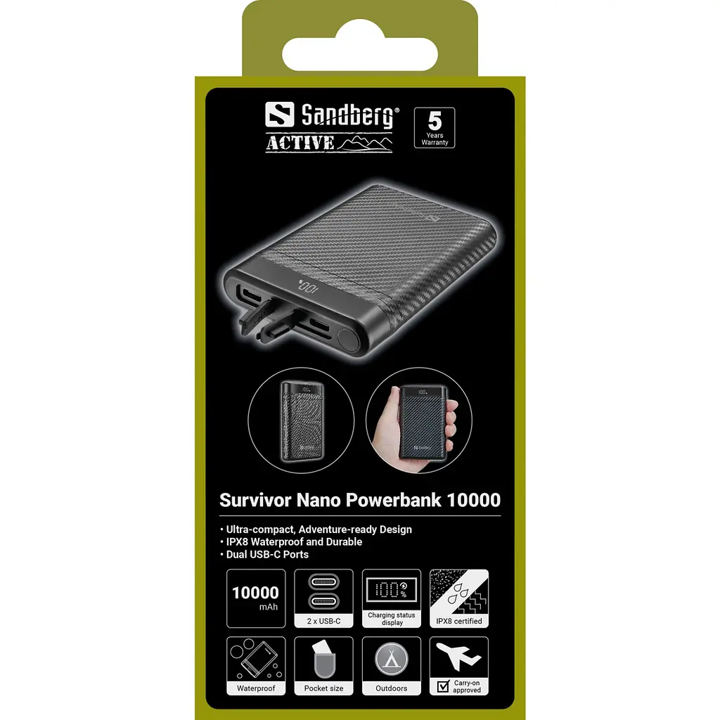 УМБ Sandberg 10000mAh 20W PD Survivor Nano Powerbank 2xUSB-C IN/OUT, IPX8 - фото 3