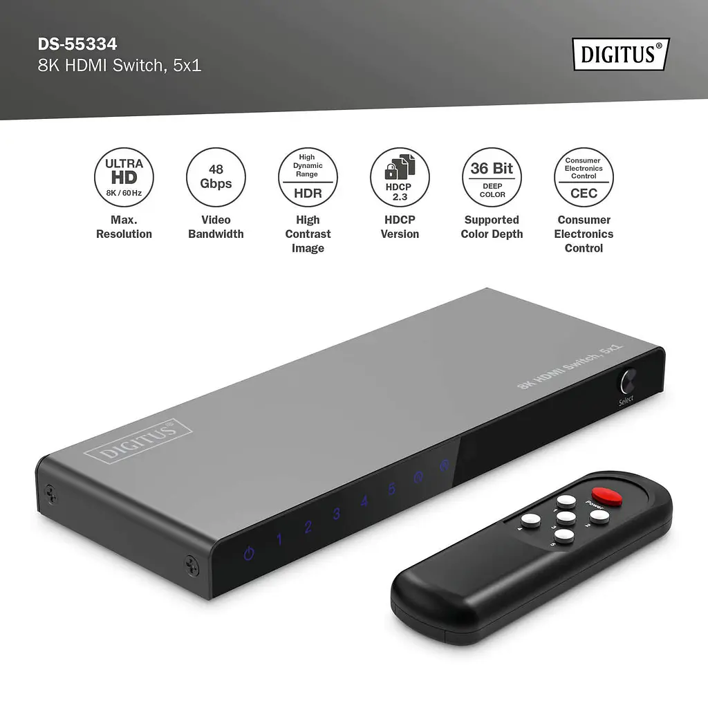Відеокомутатор Digitus UHD HDMI (INx5 - OUTx1), 8K teh0025046 - фото 10
