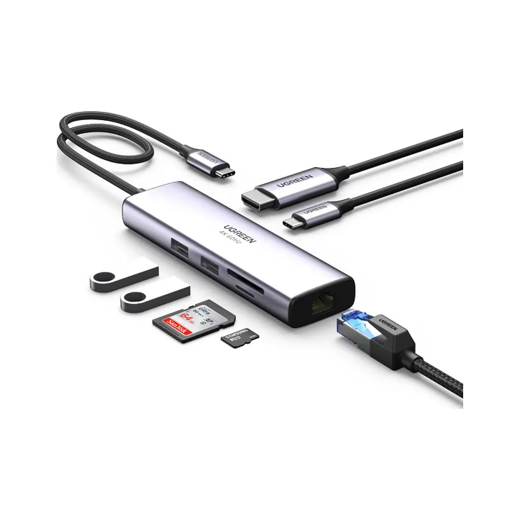 Концентратор Ugreen USB3.1 Type-C to HDMI/USB 3.0x2/RJ45/SD/TF/PD 100W CM512 (60515) - фото 3