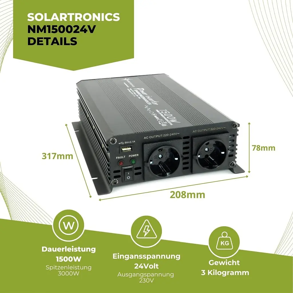 Інвертор Solartronics 24V–230V 1500 Вт з 2 розетками та USB, модифікована синусоїда - фото 2