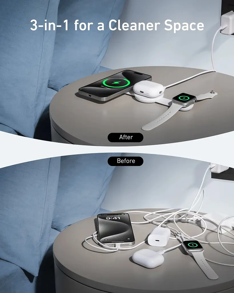 Бездротовий зарядний пристрій Anker MagGo Wireless Charging Pad 15W 3-in-1 Foldable White (7089465) - фото 4