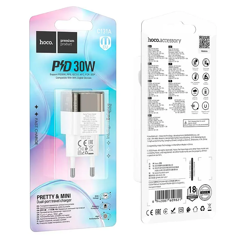 Мережевий зарядний пристрій Hoco C131A Platinum dual-port PD30W+QC3.0 charger(EU) чорний - фото 2