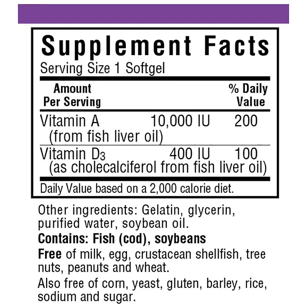 Вітамін А і D3 Bluebonnet Nutrition 10 000 IU / 400 IU 100 желатинових капсул - фото 2