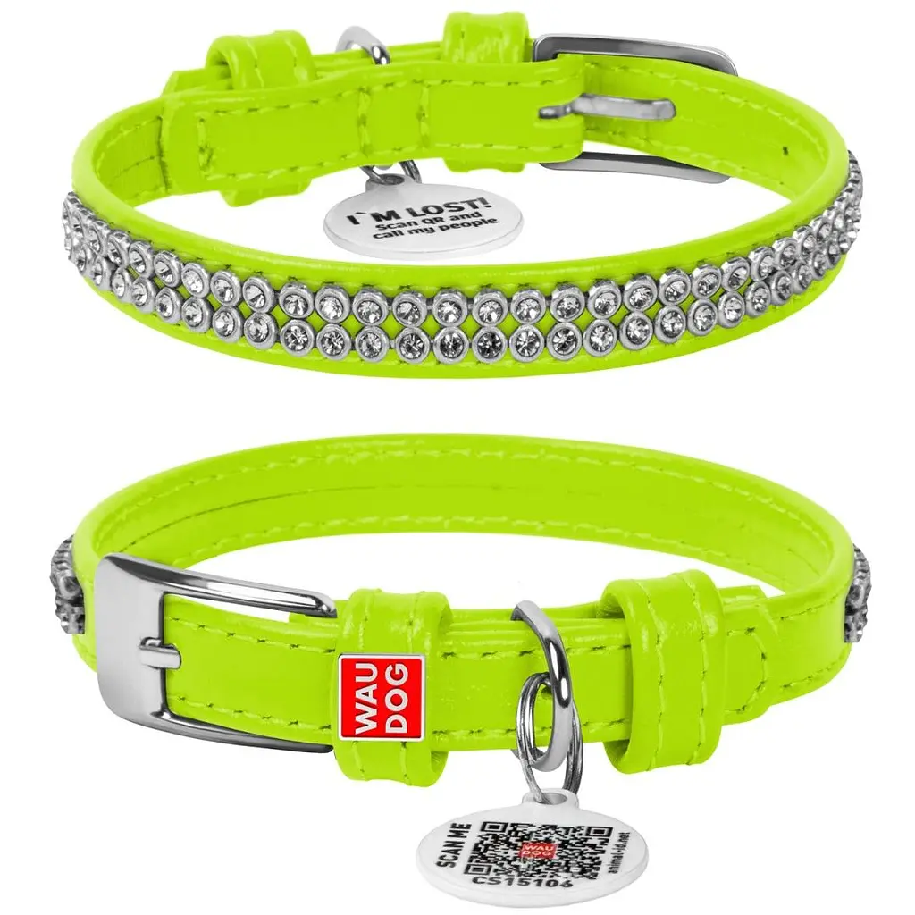 Нашийник для собак Waudog Glamour, шкіряний, зі стразами, з QR паспортом, S, 21-29х1,2 см, салатовий - фото 3