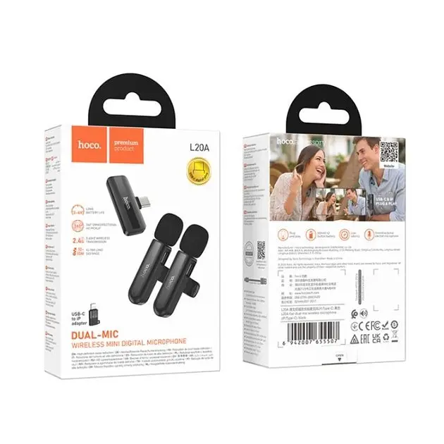 Мікрофон петличний Hoco L20A Fair dual-mic wireless microphone (iP/Type-C) чорний - фото 3