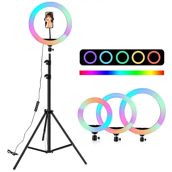 Лед-лампа кольцевая для студийного освещения Ring RGB MJ 33 33см с пультом и штативом для фото и видео - фото 3