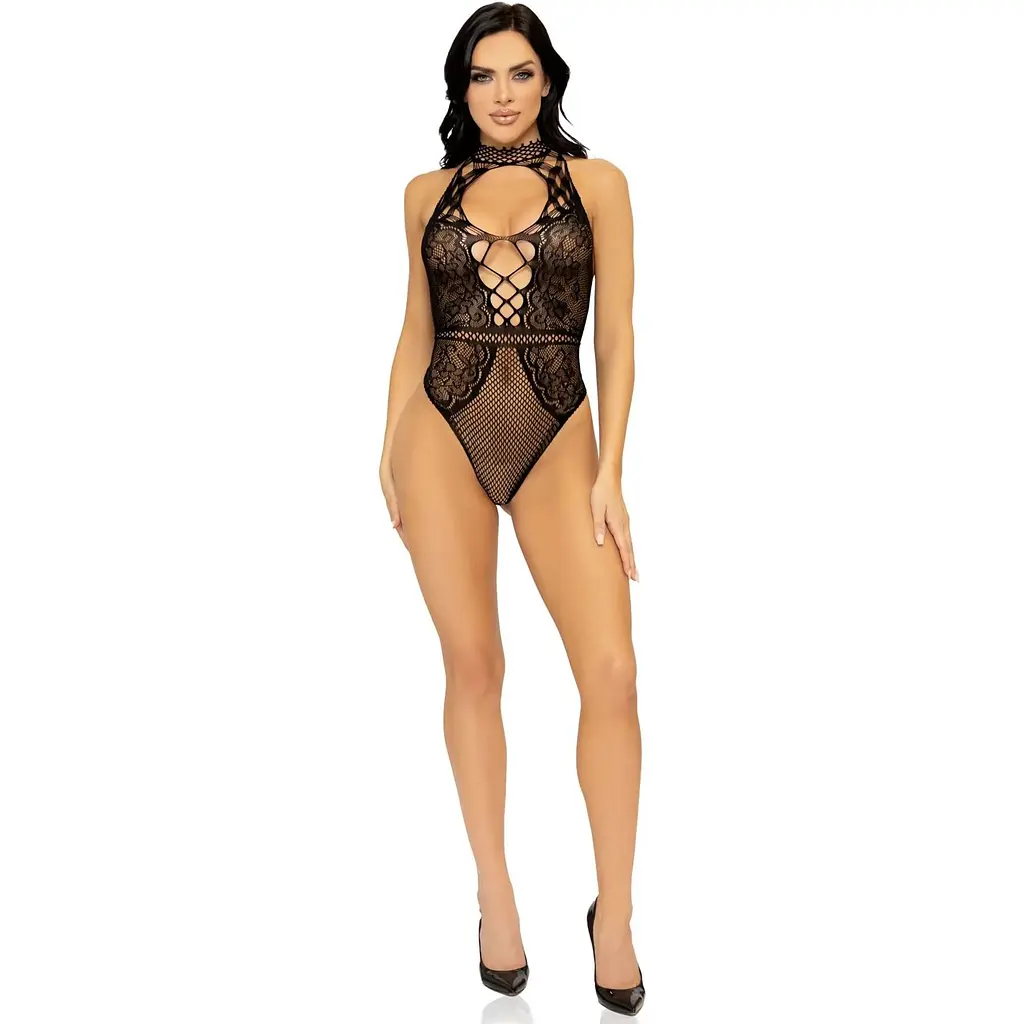 Leg Avenue Net and lace halter Bodysuit OS Black - фото 6