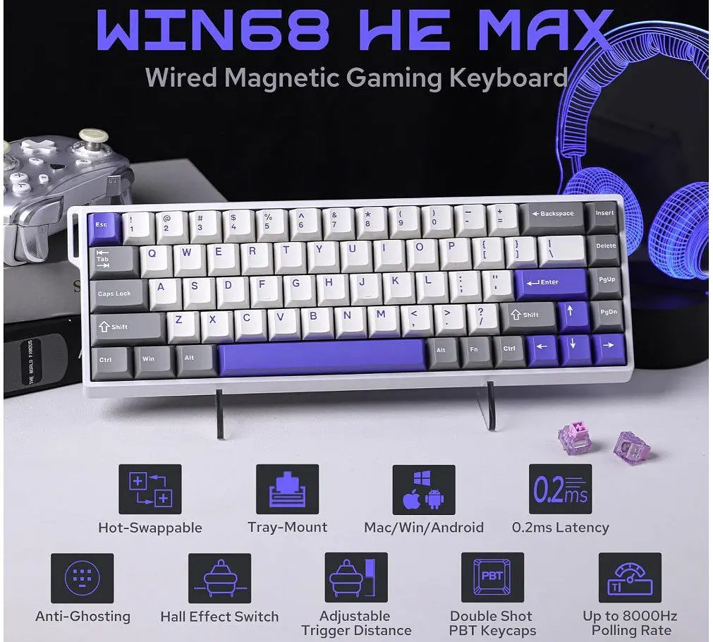 Клавиатура игровая механическая AULA WIN-68 HE Max White-Blue Magnetic switch ENG/UKR - фото 6