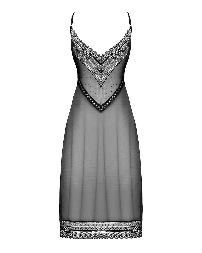 Напівпрозора довга сорочка Obsessive Estiqua chemise M/L, чорний, асиметричний крій - фото 6