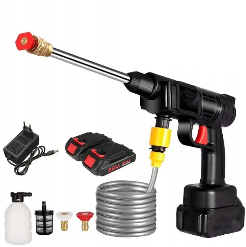 Аккумуляторная мойка высокого давления Cleaning Gun 48V 1000W Черная универсальная портативная беспроводная автомойка ручной пистолет для мойки авто сада окон фасада кондиционеров комплект с кейсом фильтром аккумулятором шлангом насадками распылителями