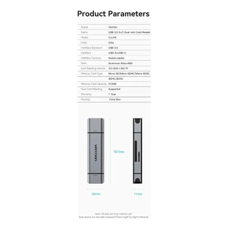 Зчитувач флеш-карт Vention USB 3.0 AM/USB-C to SD+TF Gray Dual Drive Letter Aluminum Alloy (CLLH0) - фото 4
