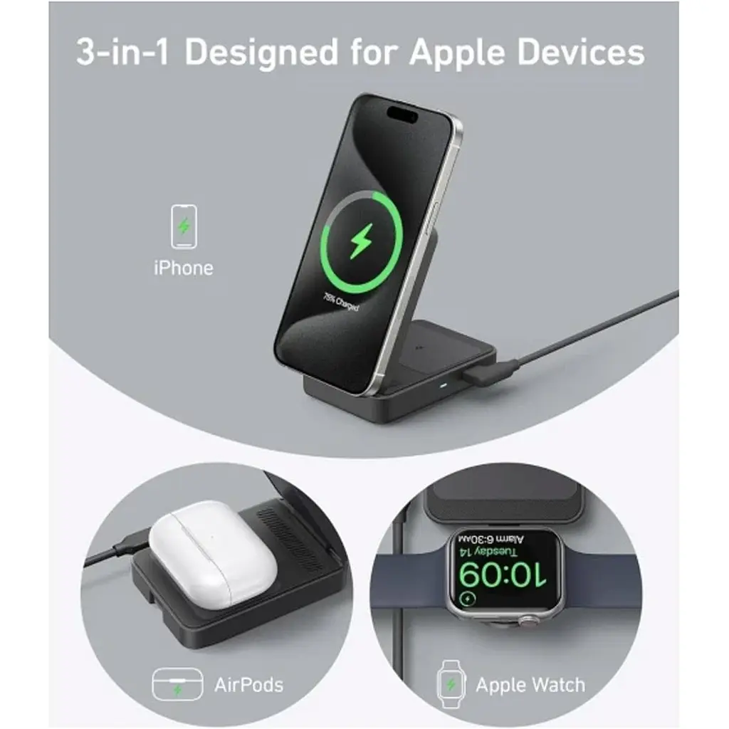 Беспроводное зарядное устройство Anker MagGo 3-in-1 Qi2 Black (A2918) [162989] - фото 7