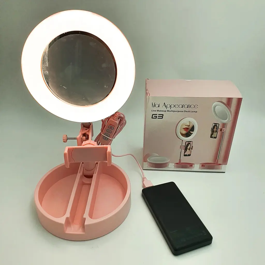 Косметичне складне дзеркало з LED підсвічуванням для макіяжу 3 в 1 Тримач телефону + органайзер для косметики - фото 5