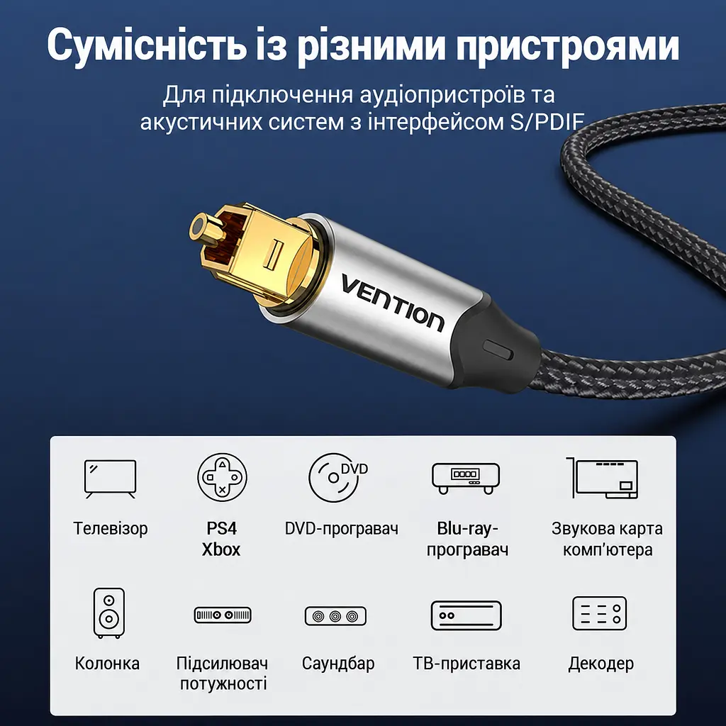 Оптичний аудіокабель Vention 1 м тослінк Toslink штекер на Toslink штекер S/PDIF звук 5.1 за підтримки формату джерелом та аудіосистемою підтримка Dolby DTS PCM бавовняне обплетення сірий (BAVHF) - фото 7