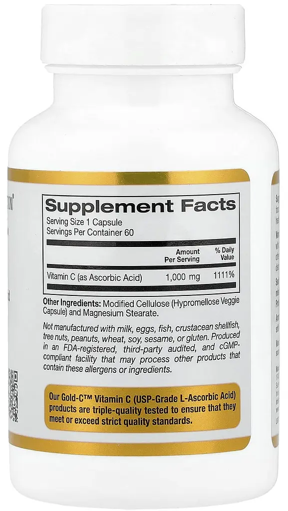 Вітамін C класу USP 1000 мг 60 вегетаріанських капсул California Gold Nutrition Gold C - фото 3