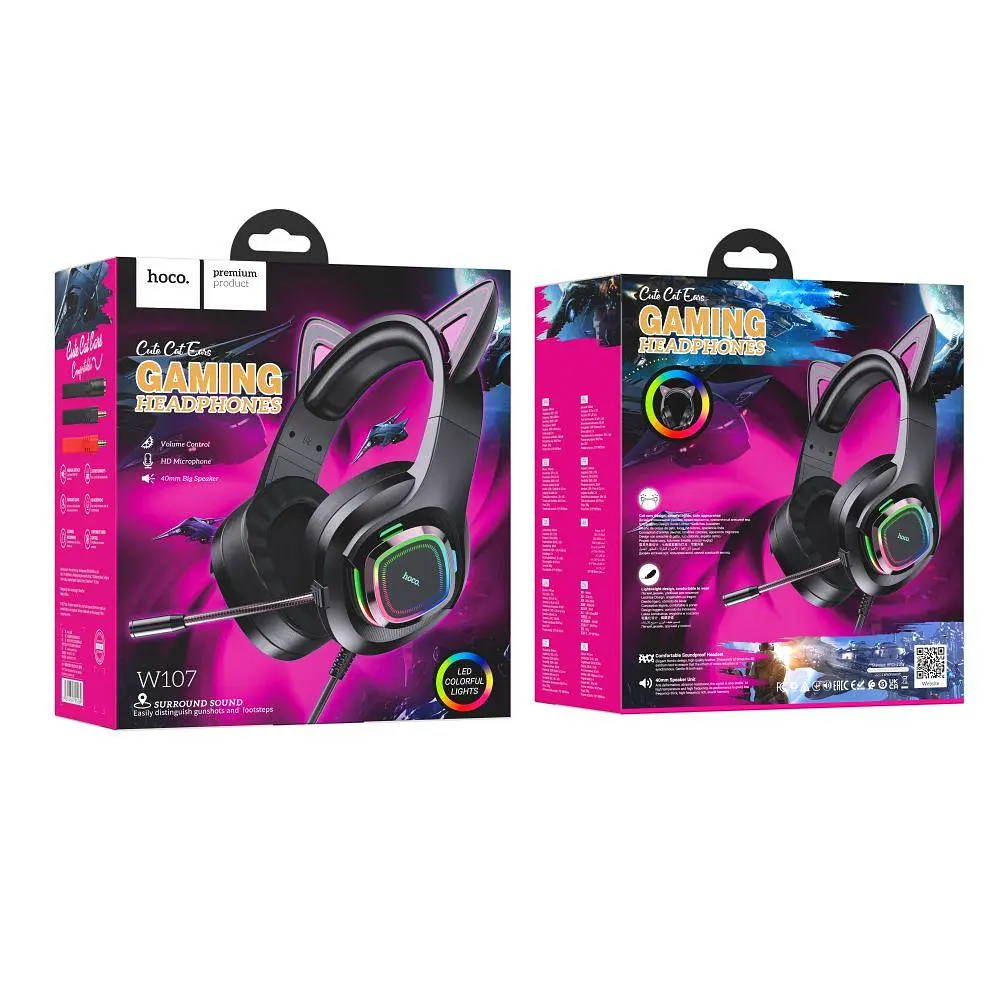 Ігрові дротові навушники Hoco W107 Cute Cat Ear, USB, 3.5mm, 2m, Black-Pink - фото 6