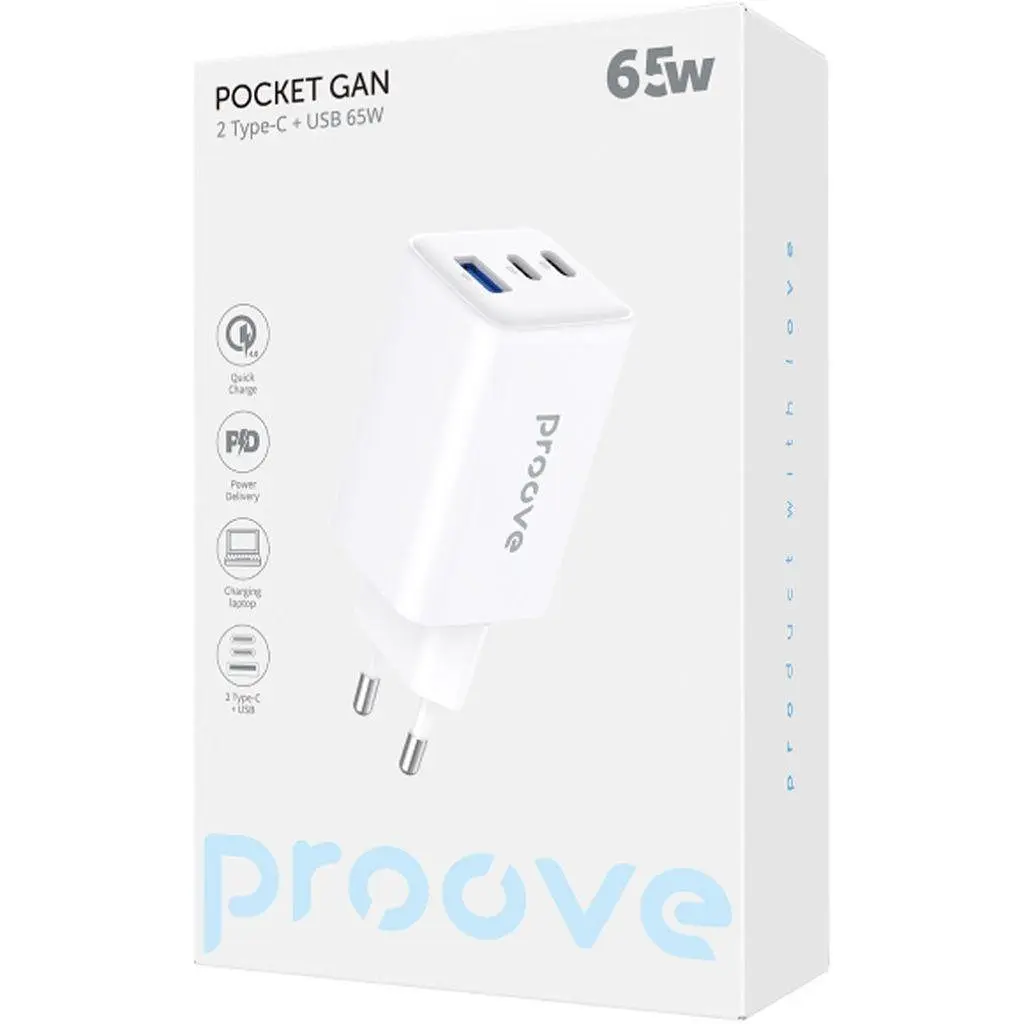 Зарядний пристрій блоків Proove Pocket GaN 65W 3 порти USB-A + 2USB-C білий (WCPG65121202) - фото 5
