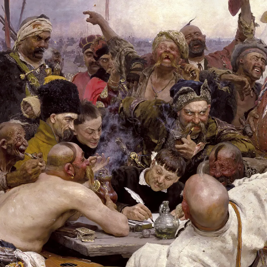 Інтер'єрна картина Запорожці пишуть листа турецькому султанові, Ілля Рєпін, Ilya Repin, 60×101 см (id3423) - фото 6